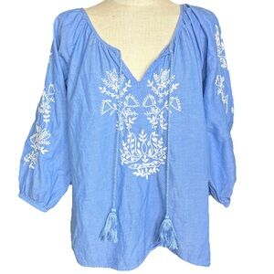 Roller Rabbit Chambray Blue Embroidered Peasant Blouse